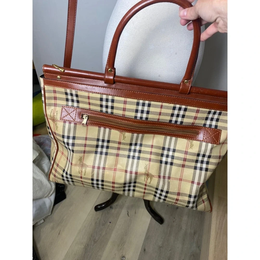 Vintage 90s Leather Collection Nova Check Plaid Satchel Crossbody Bag Brown